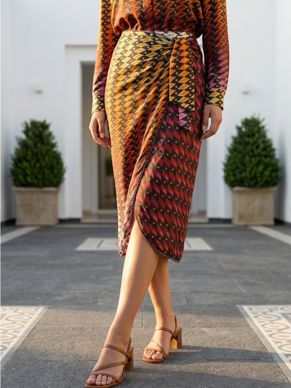 Zara Geometric Faux Wrap Midi Skirt in Warm Red, Orange & Pink